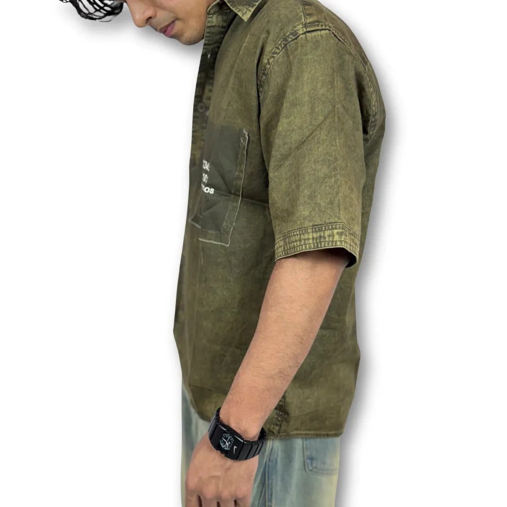 Oversized Washed Graphic Shirt – Olive Green