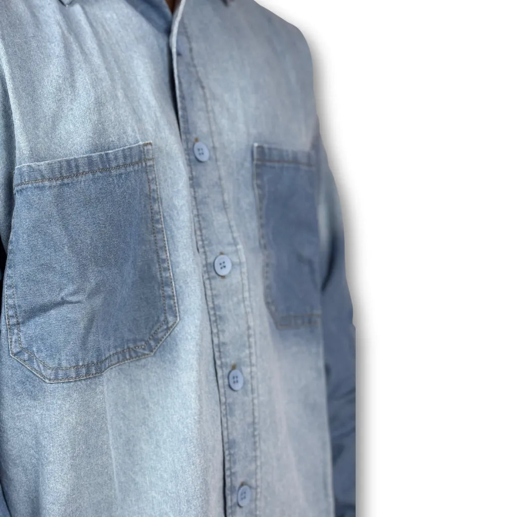 Oversized Washed Two-Pocket Denim Shirt – Faded Blue