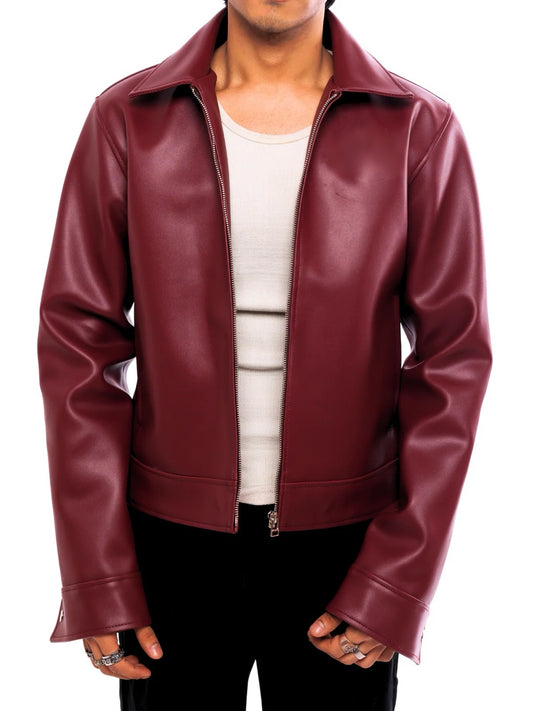 Oversized Classic Faux Leather Jacket – Cherry Red