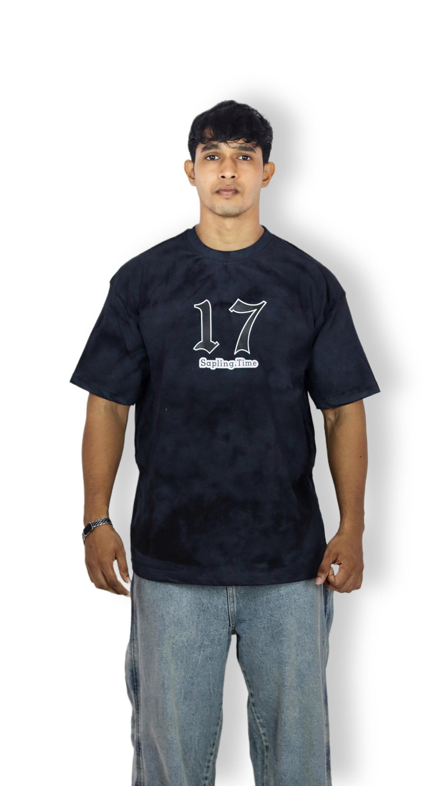 Sapling Time “17” Oversized T-Shirt – Black Tie-Dye Edition