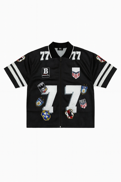 Black “77” Patchwork Zip-Up Mesh Jersey – Streetwear Edition