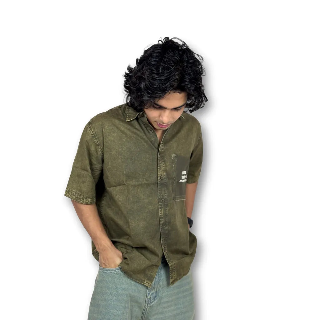Oversized Washed Graphic Shirt – Olive Green