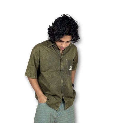 Oversized Washed Graphic Shirt – Olive Green