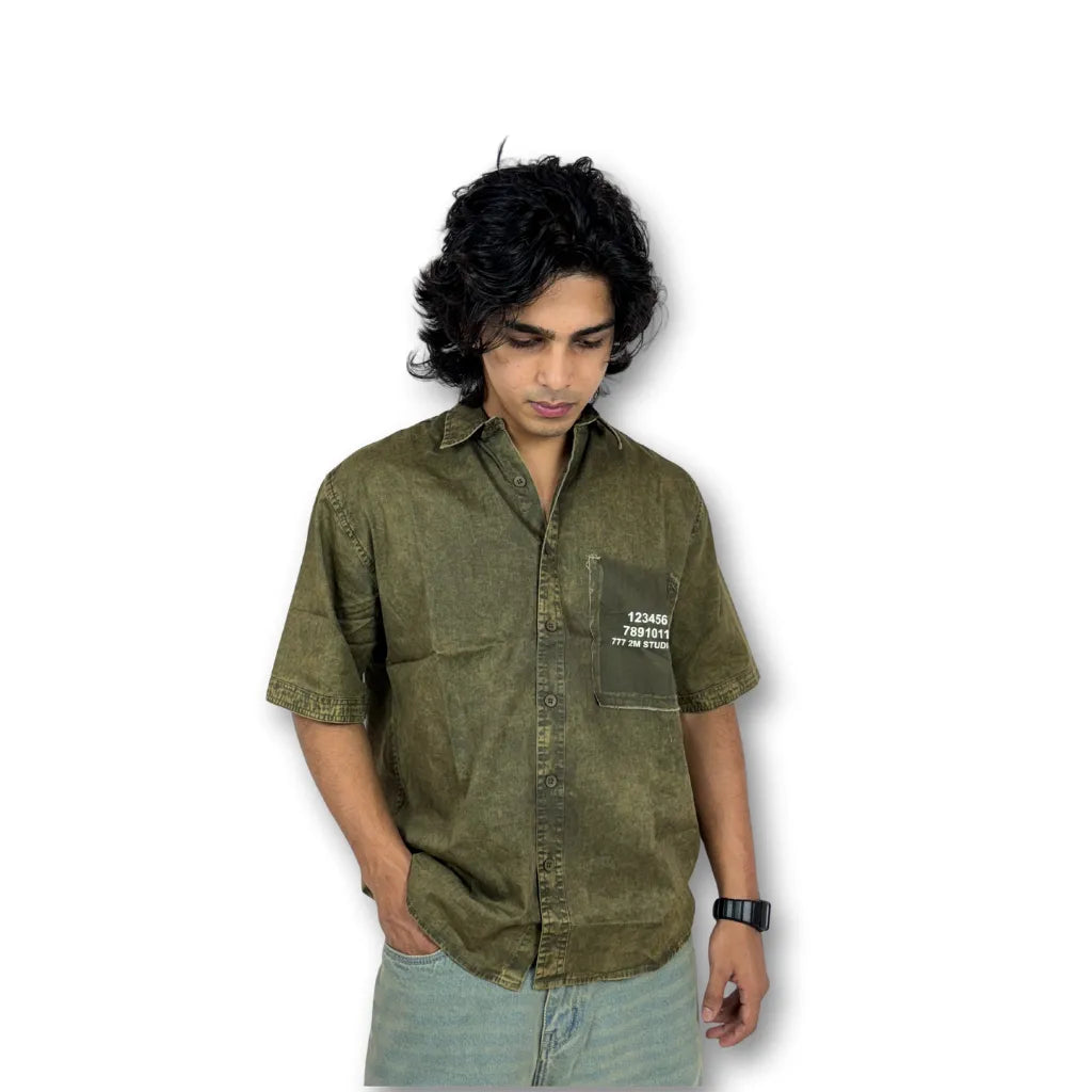 Oversized Washed Graphic Shirt – Olive Green