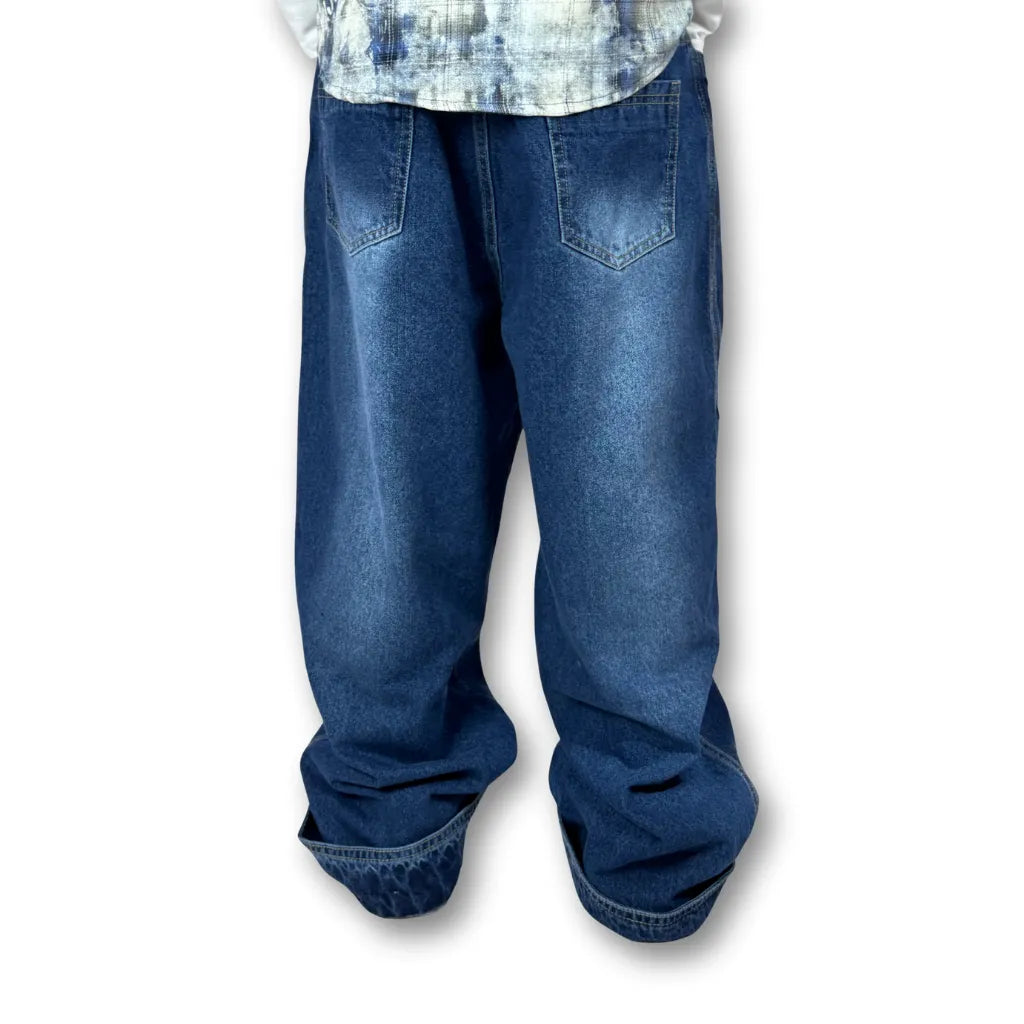 Oversized Buttoned Hem Classic Blue Denim Pants