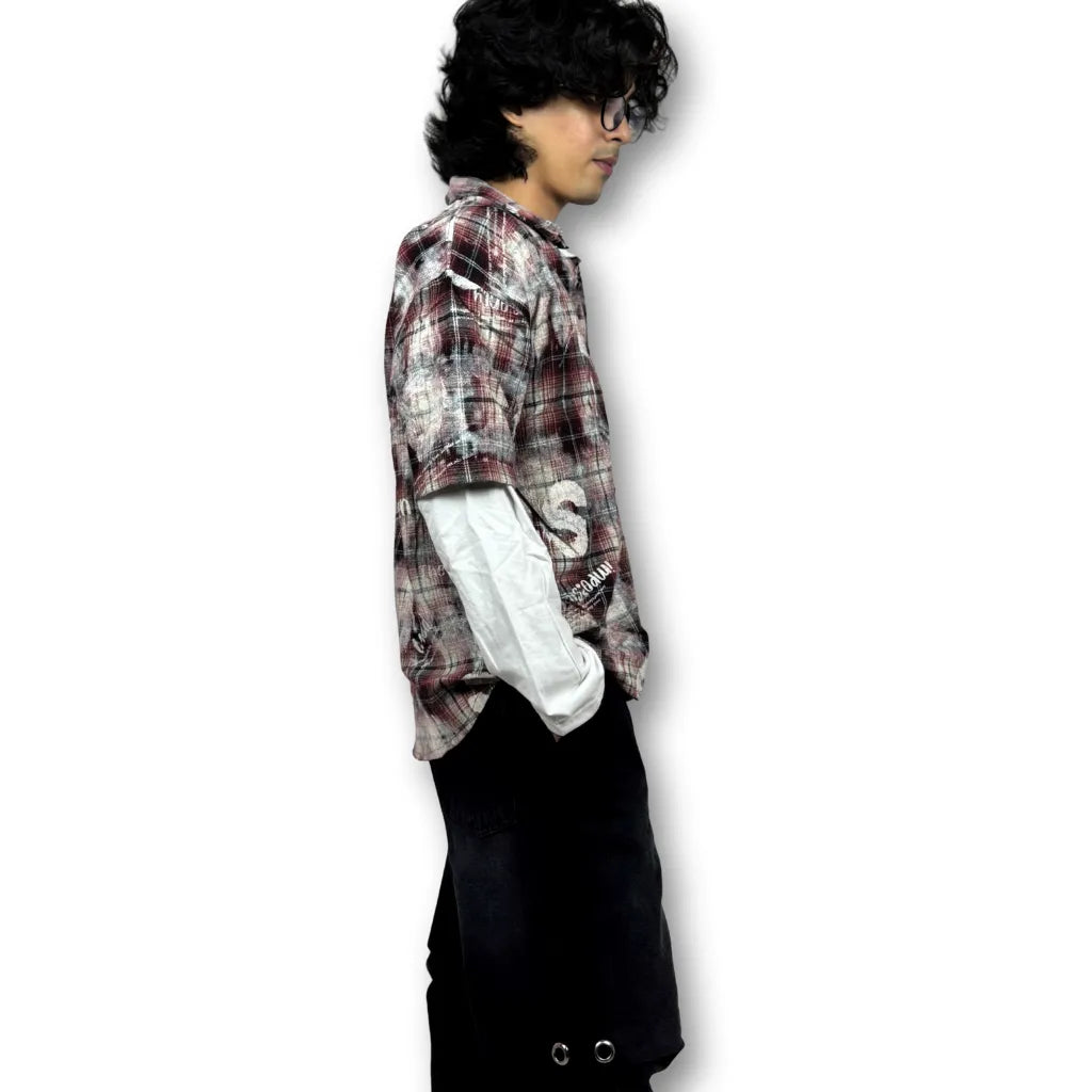 Oversized Doctor Sleeve Washed Plaid Shirt – Red