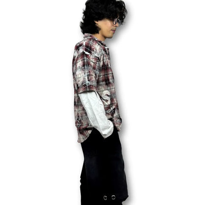 Oversized Doctor Sleeve Washed Plaid Shirt – Red