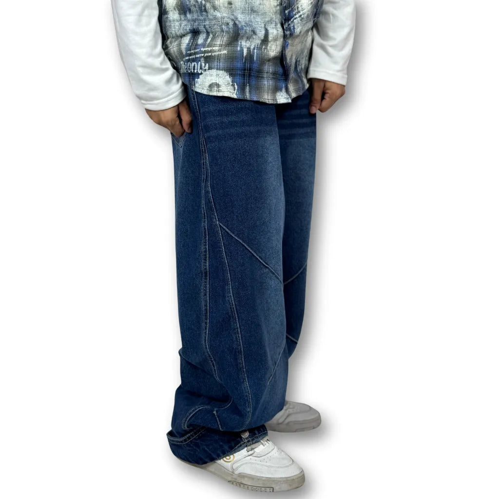 Oversized Buttoned Hem Classic Blue Denim Pants