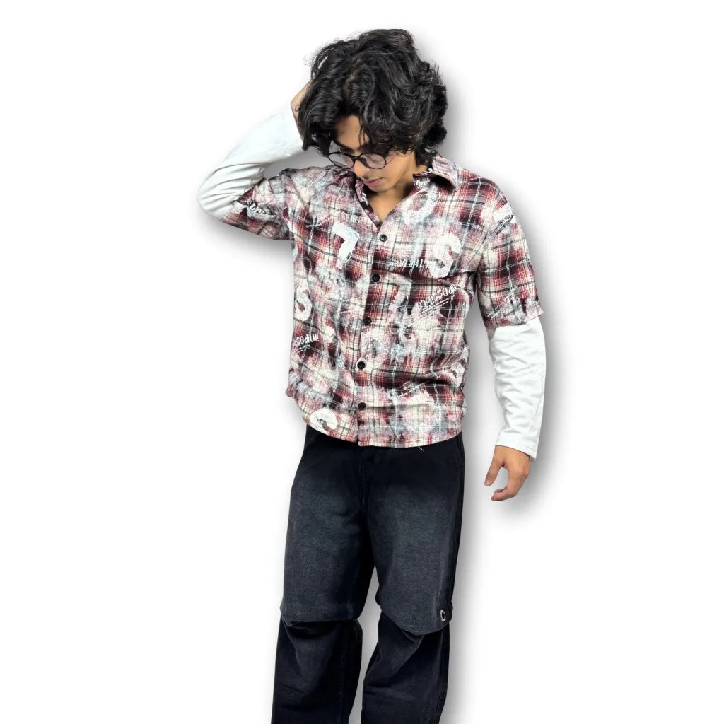 Oversized Doctor Sleeve Washed Plaid Shirt – Red