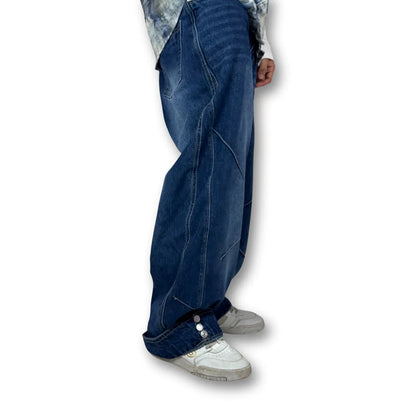 Oversized Buttoned Hem Classic Blue Denim Pants