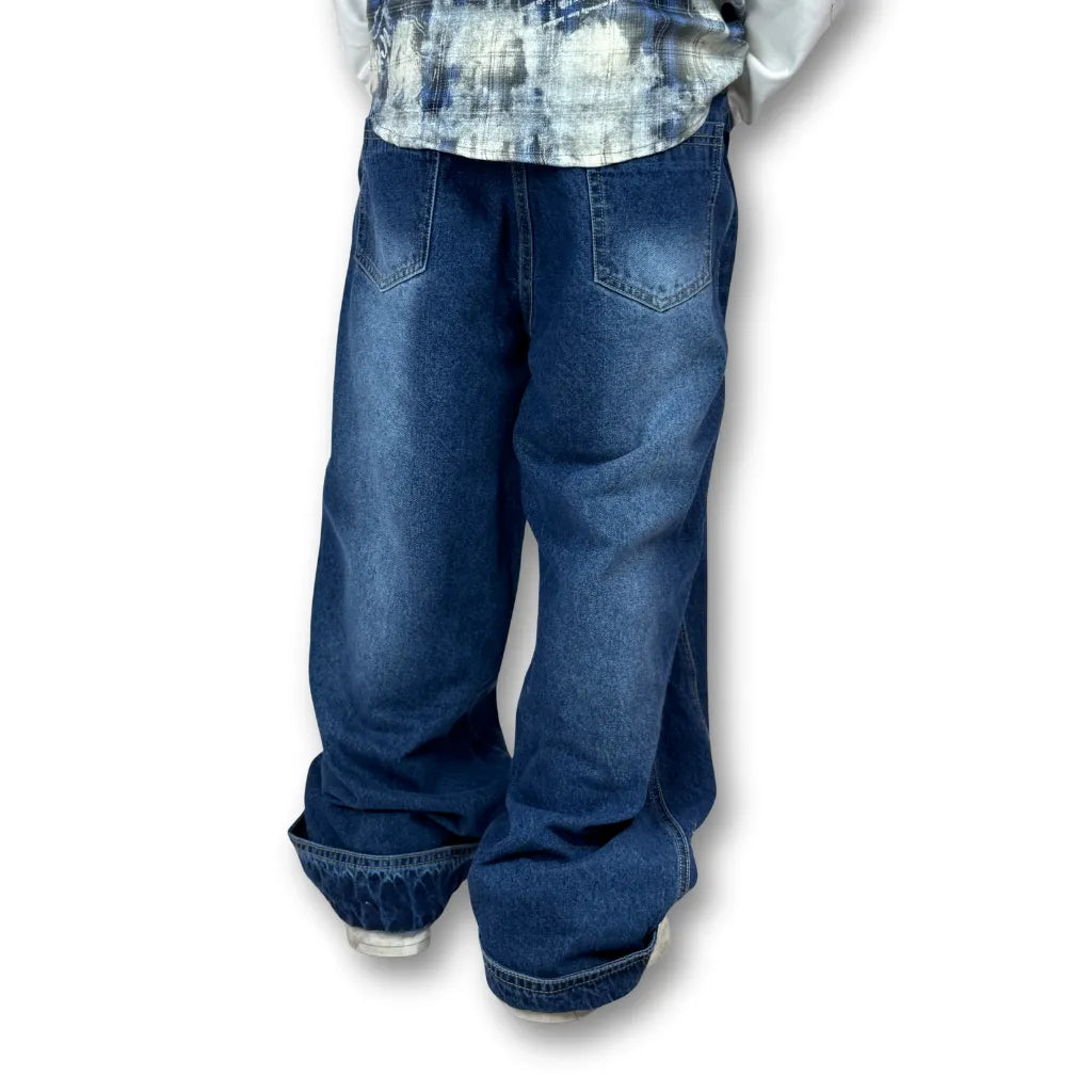 Oversized Buttoned Hem Classic Blue Denim Pants