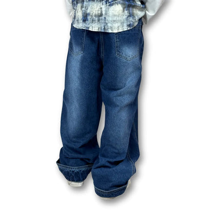 Oversized Buttoned Hem Classic Blue Denim Pants
