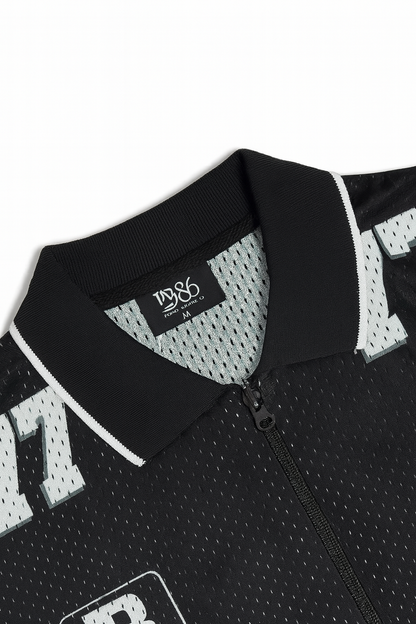 Black “77” Patchwork Zip-Up Mesh Jersey – Streetwear Edition