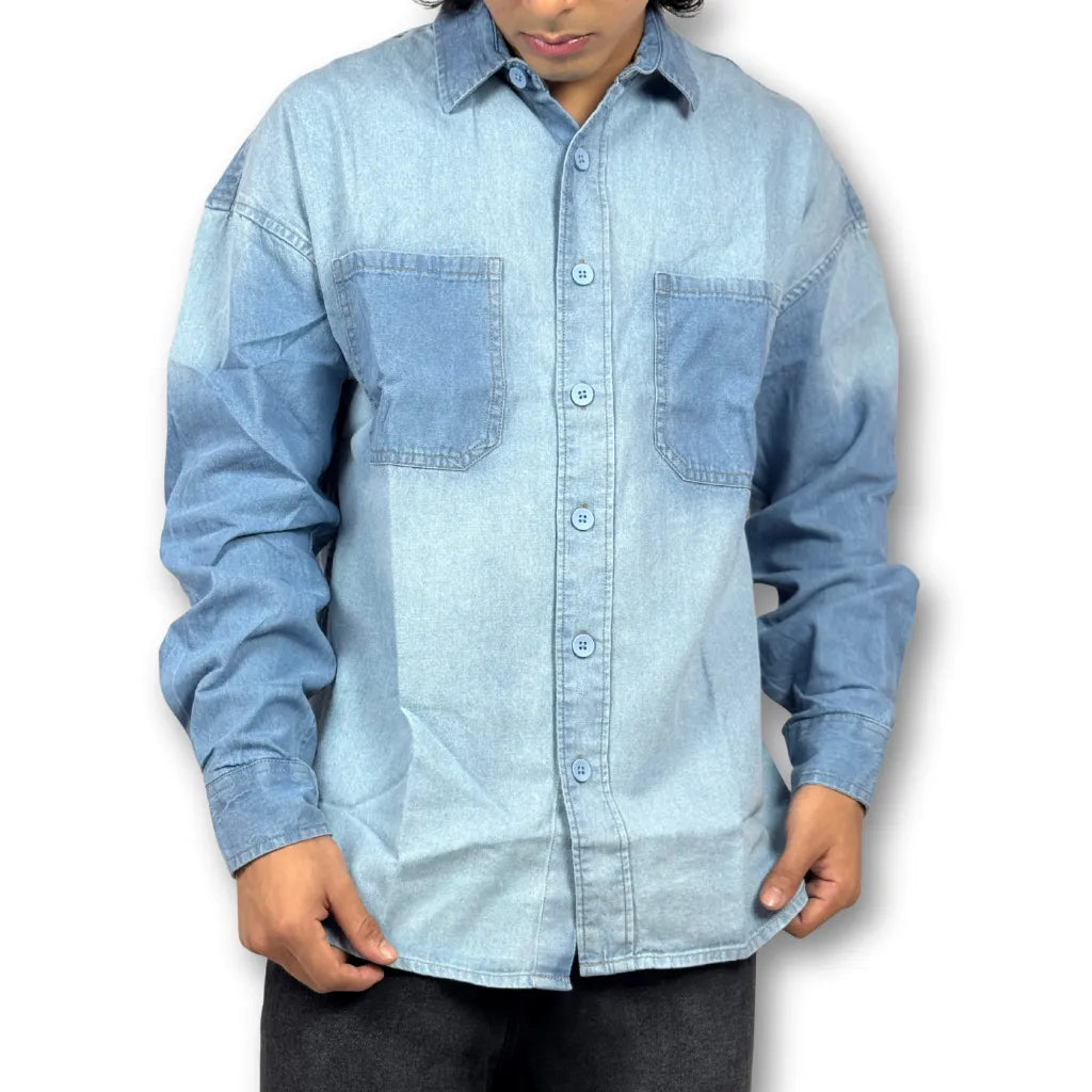 Oversized Washed Two-Pocket Denim Shirt – Faded Blue