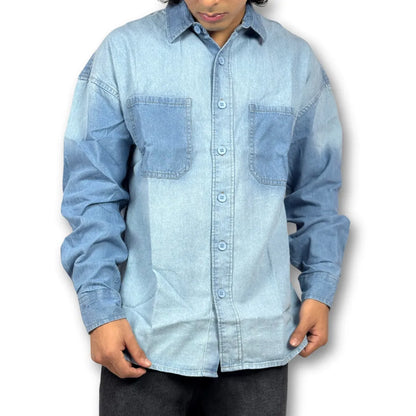 Oversized Washed Two-Pocket Denim Shirt – Faded Blue