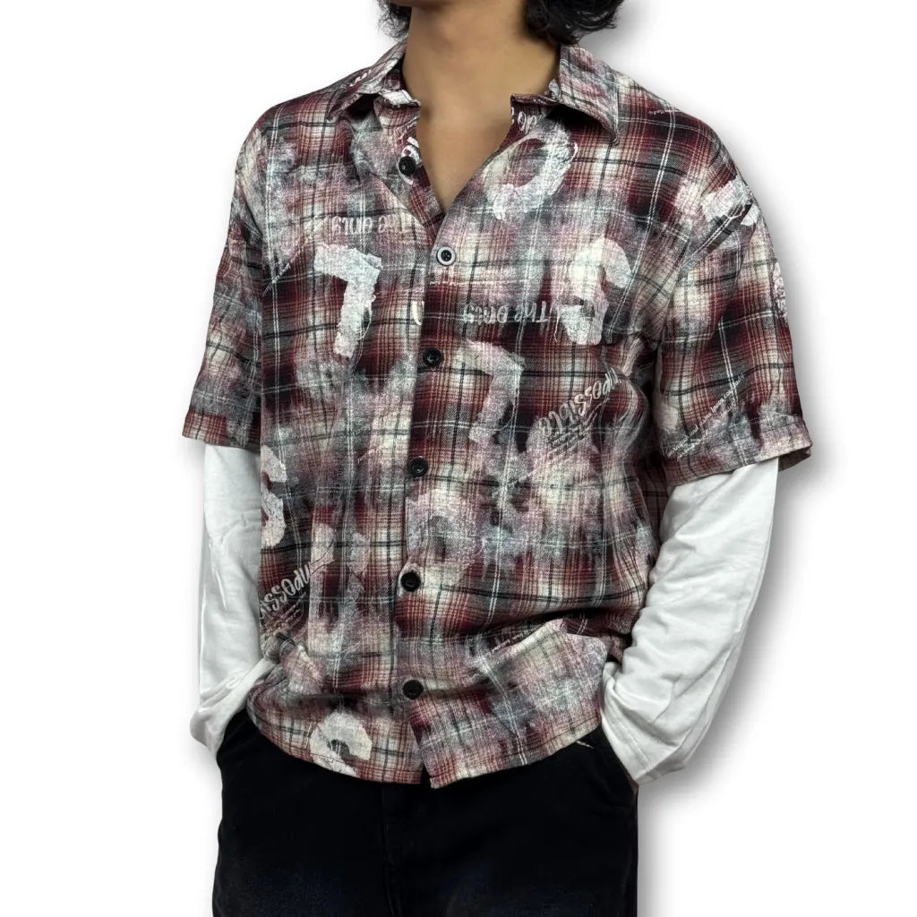 Oversized Doctor Sleeve Washed Plaid Shirt – Red