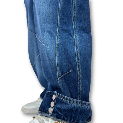 Oversized Buttoned Hem Classic Blue Denim Pants