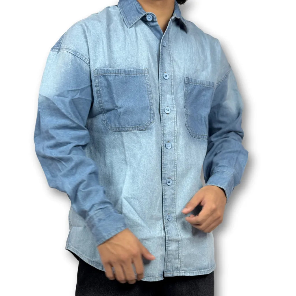 Oversized Washed Two-Pocket Denim Shirt – Faded Blue