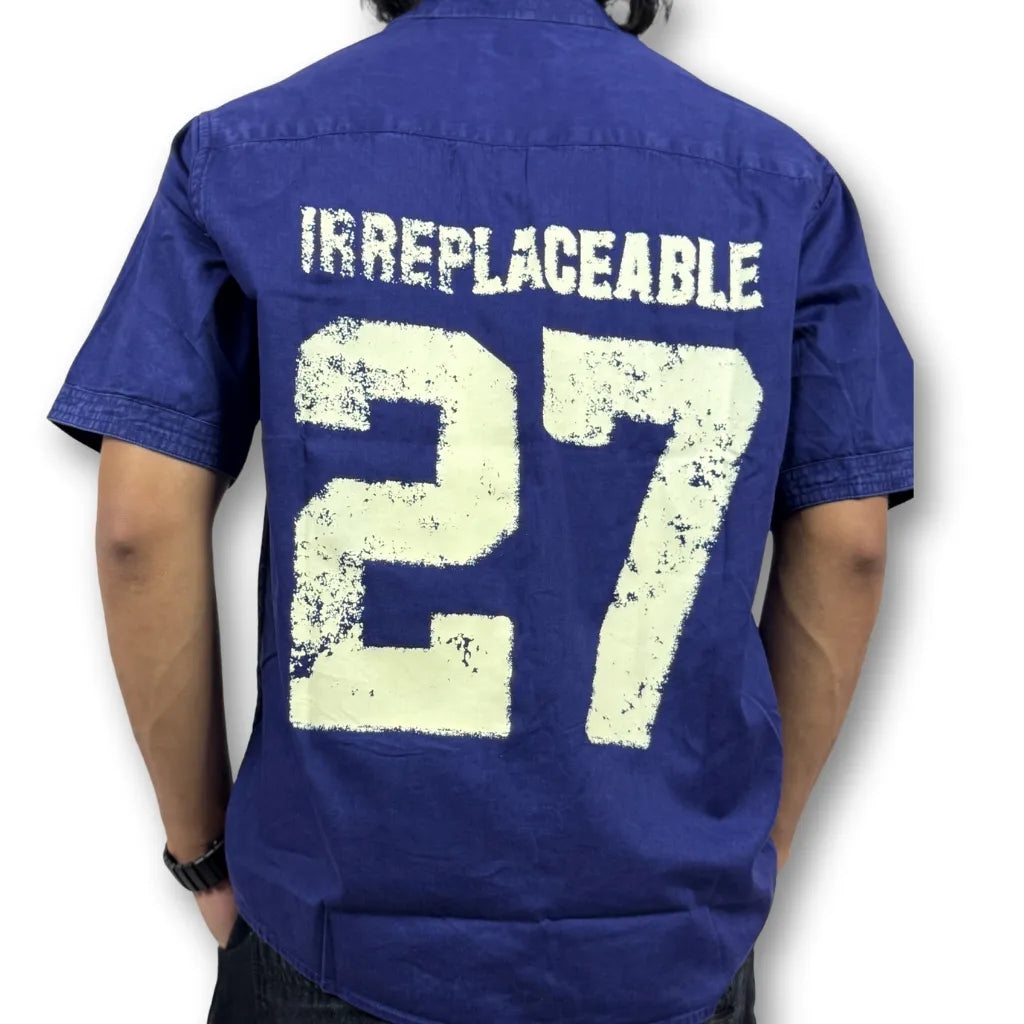 Oversized Washed Graphic Shirt – Navy Blue (Distressed Pocket & Printed Text)