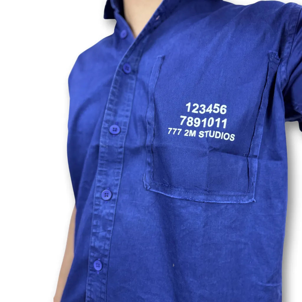 Oversized Washed Graphic Shirt – Navy Blue (Distressed Pocket & Printed Text)
