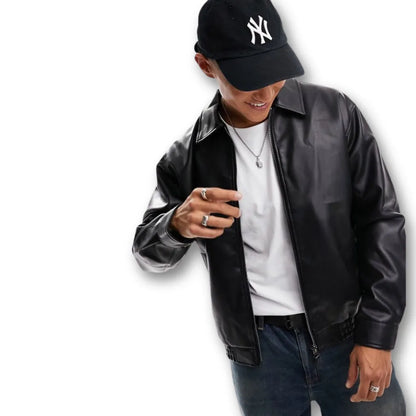 Oversized Classic Black Faux Leather Jacket – Zip Up