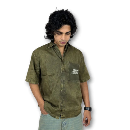 Oversized Washed Graphic Shirt – Olive Green