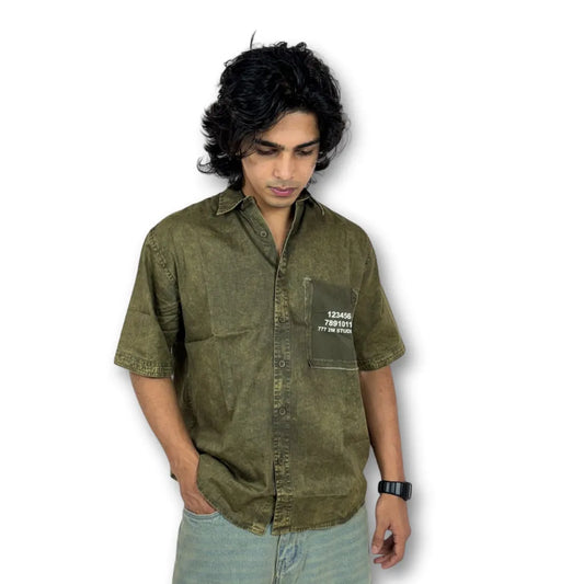 Oversized Washed Graphic Shirt – Olive Green