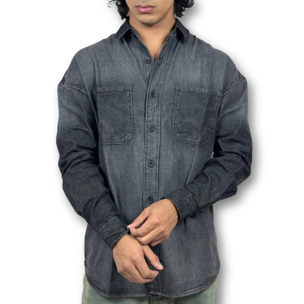 Oversized Washed Denim Shirt – Black