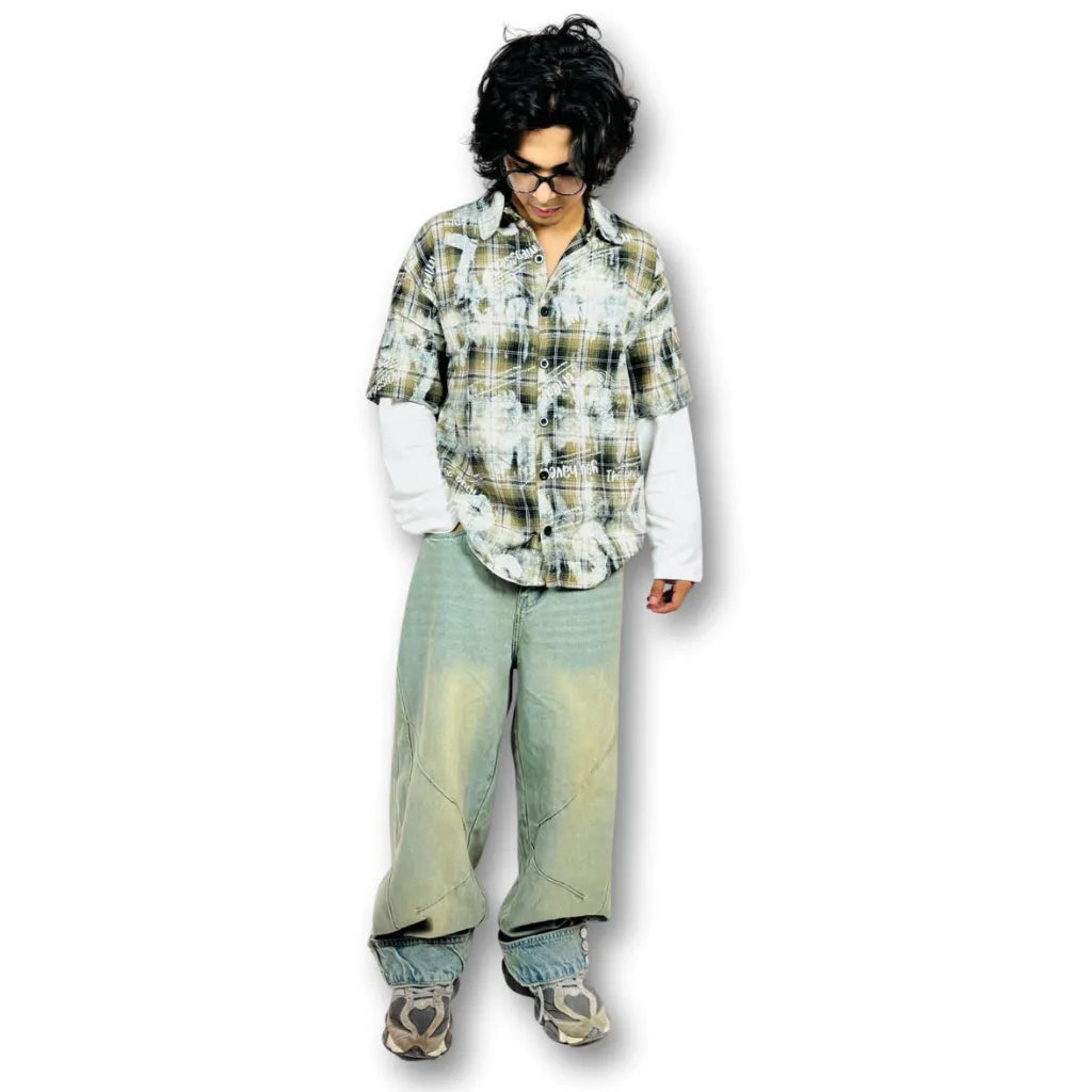 Oversized doctor Sleeve Plaid Printed -Shirt-green