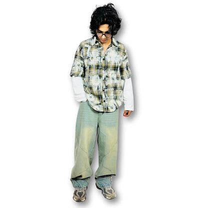 Oversized doctor Sleeve Plaid Printed -Shirt-green