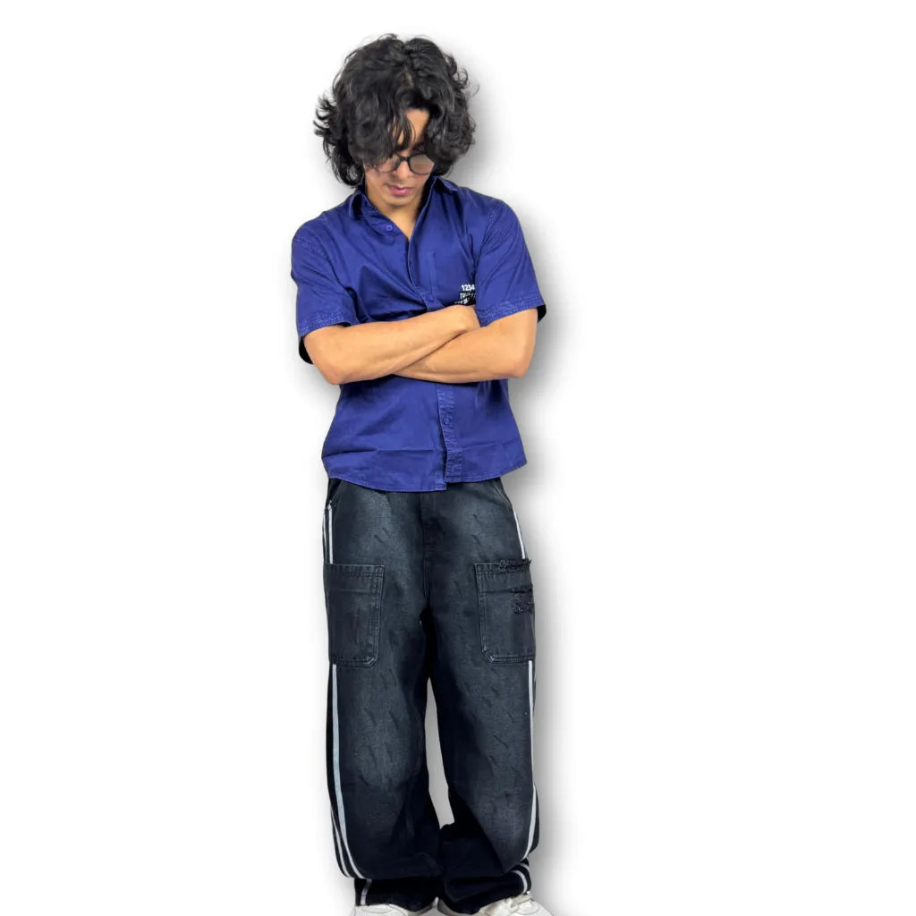 Oversized Washed Graphic Shirt – Navy Blue (Distressed Pocket & Printed Text)