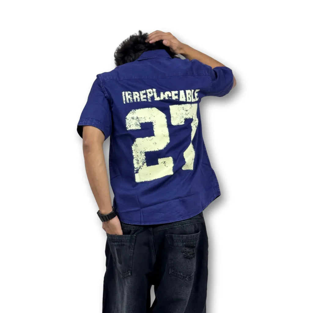 Oversized Washed Graphic Shirt – Navy Blue (Distressed Pocket & Printed Text)