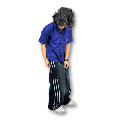 Oversized Washed Graphic Shirt – Navy Blue (Distressed Pocket & Printed Text)