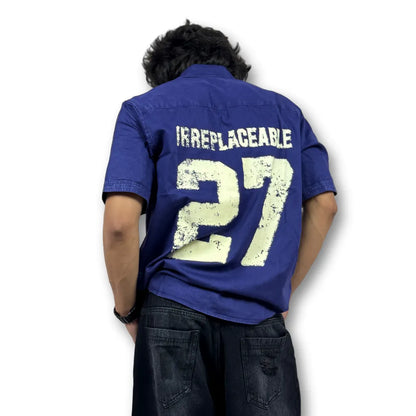 Oversized Washed Graphic Shirt – Navy Blue (Distressed Pocket & Printed Text)