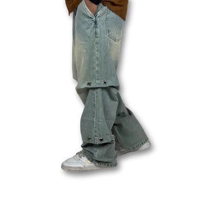 Oversized Double Layer Snap Button Denim Jeans – Faded Light Blue