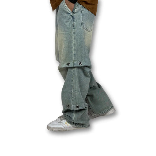 Oversized Double Layer Snap Button Denim Jeans – Faded Light Blue