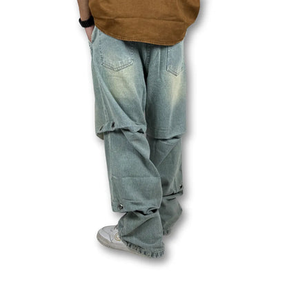 Oversized Double Layer Snap Button Denim Jeans – Faded Light Blue