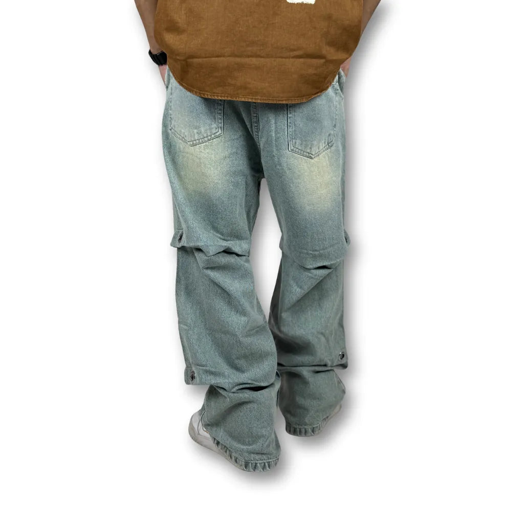 Oversized Double Layer Snap Button Denim Jeans – Faded Light Blue
