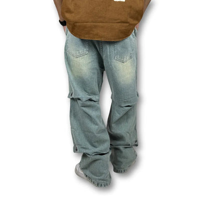 Oversized Double Layer Snap Button Denim Jeans – Faded Light Blue