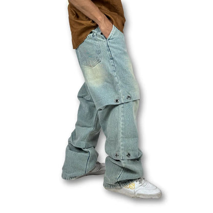 Oversized Double Layer Snap Button Denim Jeans – Faded Light Blue