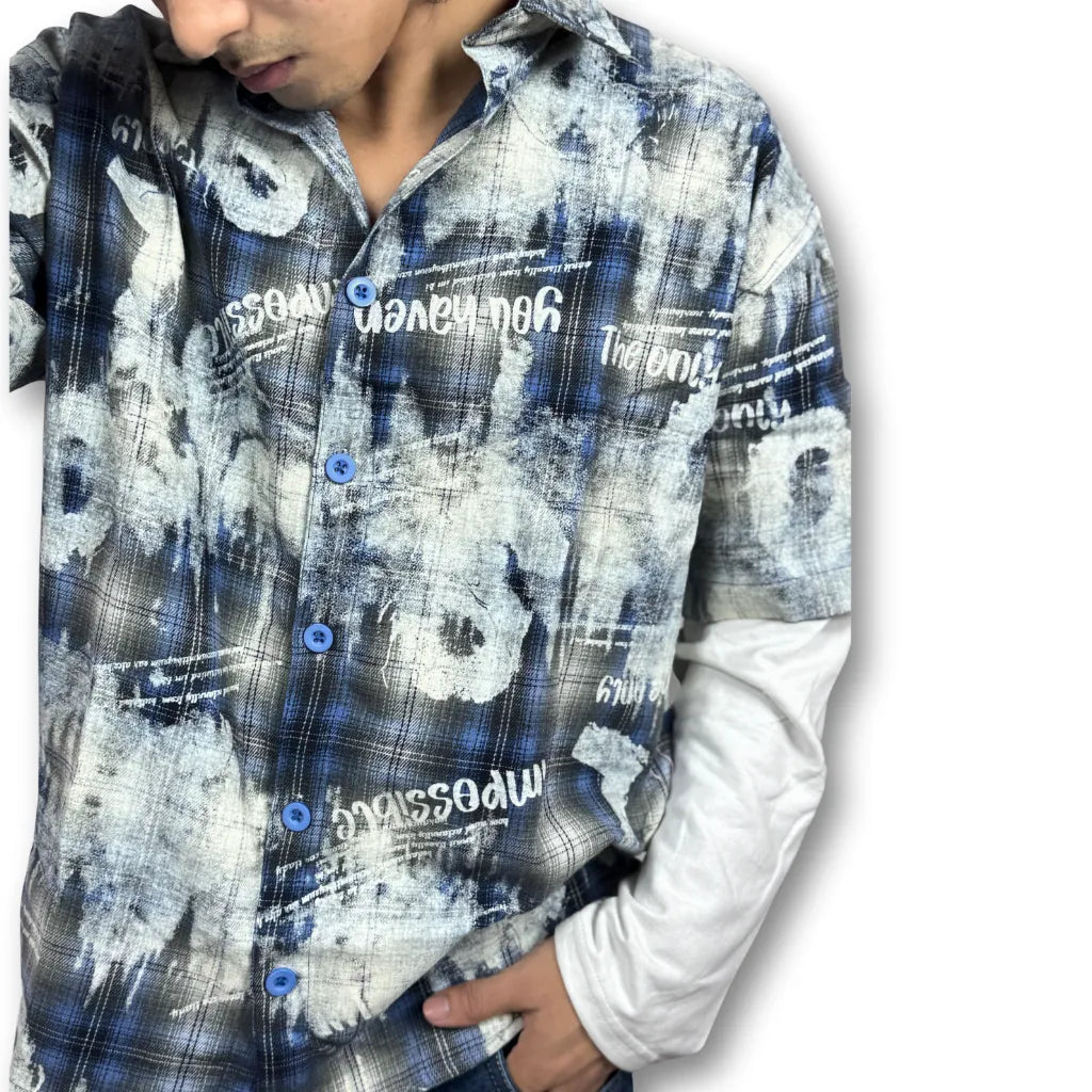 Oversized Doctor sleeve Washed Plaid Shirt  – Blue