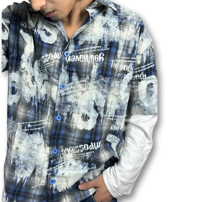 Oversized Doctor sleeve Washed Plaid Shirt  – Blue