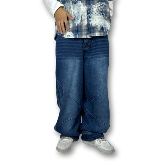Oversized Buttoned Hem Classic Blue Denim Pants