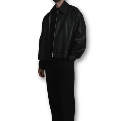 Oversized Classic Black Faux Leather Jacket – Zip Up