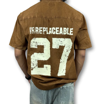 Oversized Washed Graphic Shirt – Rust Brown (Distressed Pocket & Printed Text)