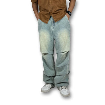 Oversized Double Layer Snap Button Denim Jeans – Faded Light Blue