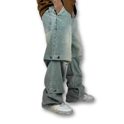 Oversized Double Layer Snap Button Denim Jeans – Faded Light Blue