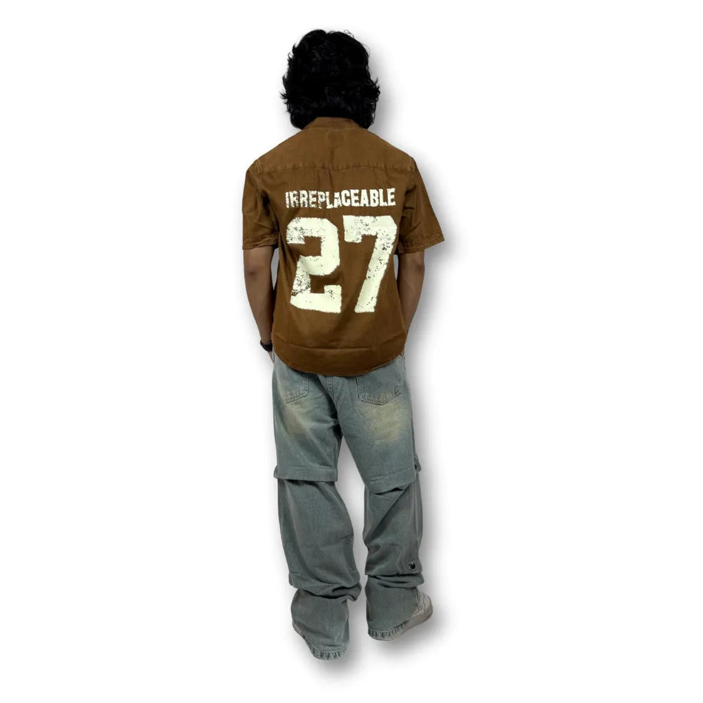 Oversized Washed Graphic Shirt – Rust Brown (Distressed Pocket & Printed Text)