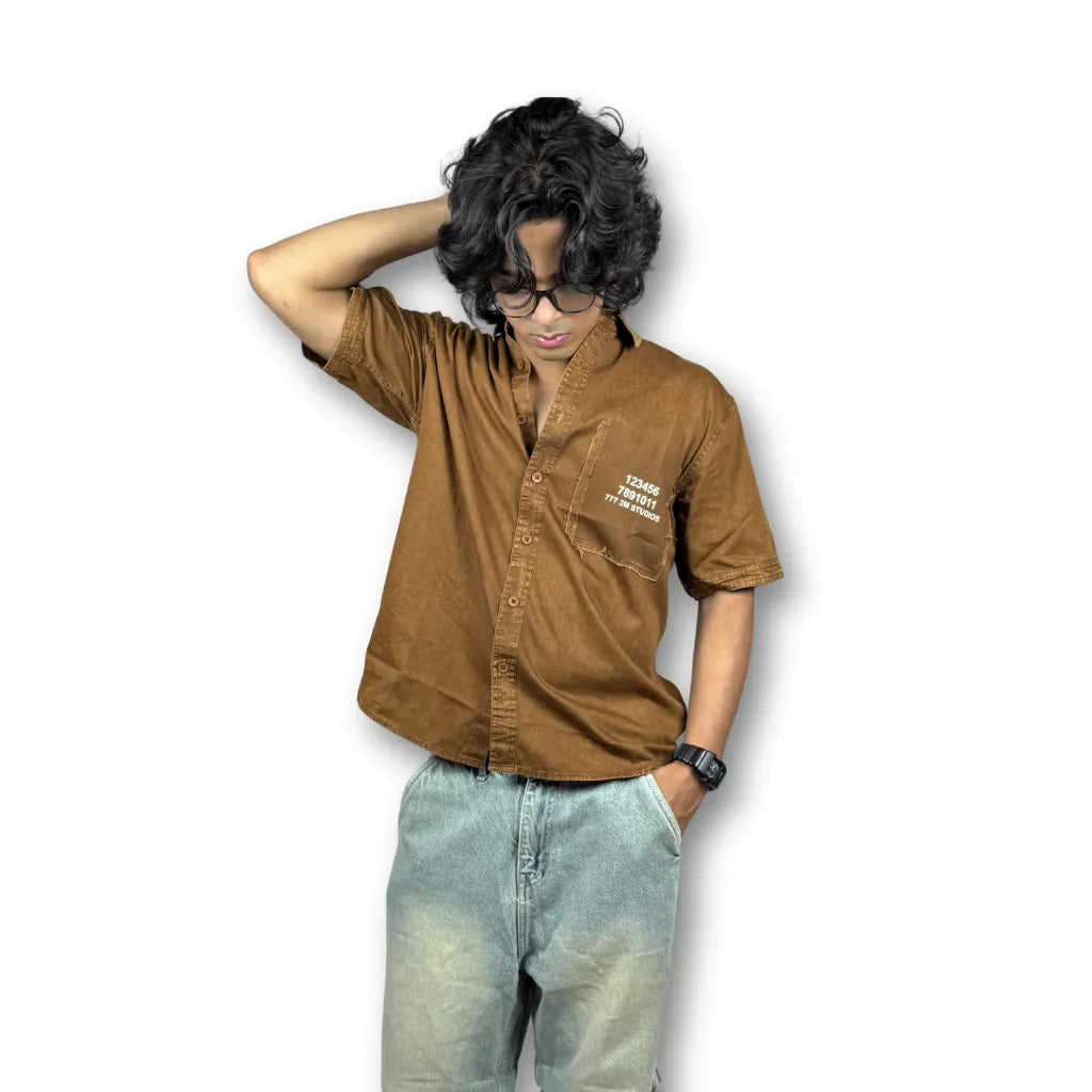 Oversized Washed Graphic Shirt – Rust Brown (Distressed Pocket & Printed Text)