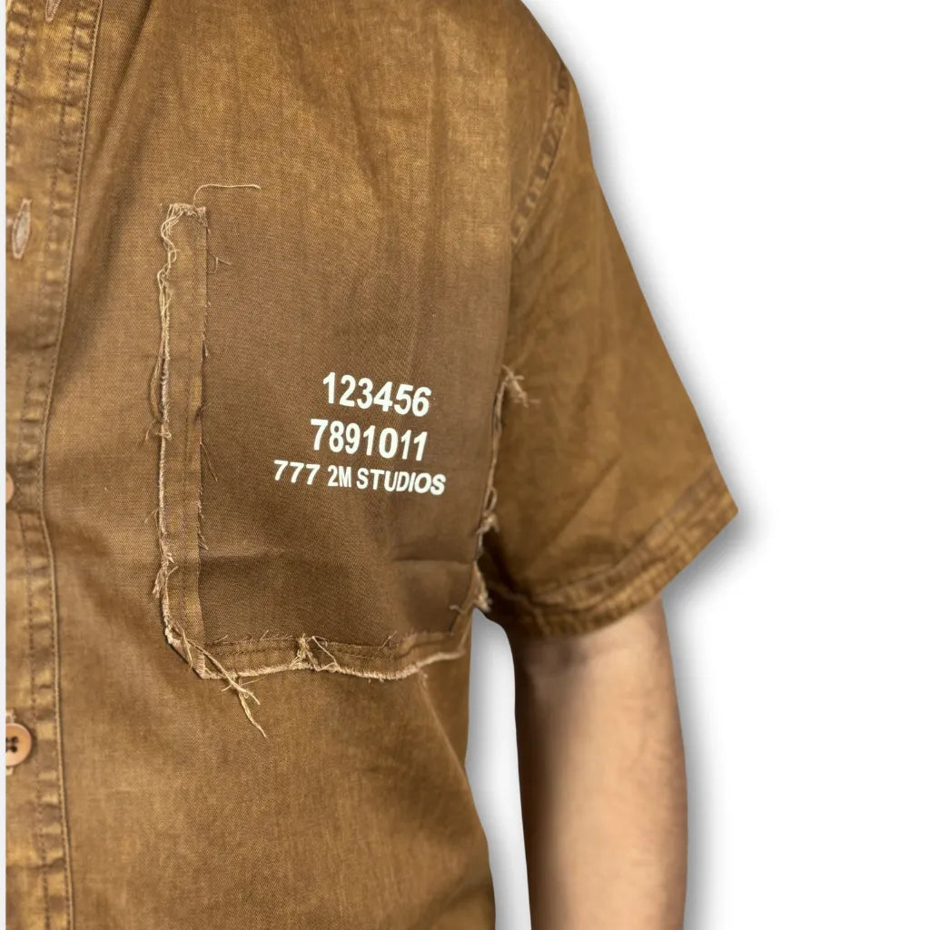 Oversized Washed Graphic Shirt – Rust Brown (Distressed Pocket & Printed Text)